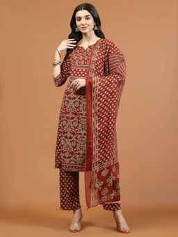 MEENA BAZAAR - Maroon Printed Kurta with Pants and Dupatta