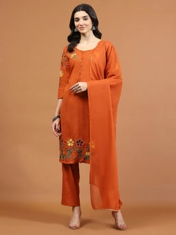 MEENA BAZAAR - Rust Embroidered Kurta with Pants and Dupatta