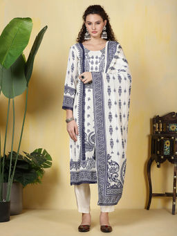 MEENA BAZAAR - Navy Blue Printed Muslin Kurta with Pants and Dupatta