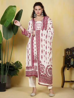 MEENA BAZAAR - Maroon Printed Muslin Kurta with Pants and Dupatta