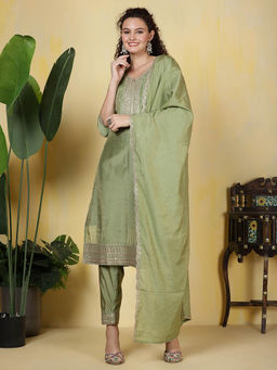 MEENA BAZAAR - Green Embroidered Chanderi Kurta with Pants and Dupatta