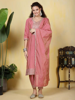 MEENA BAZAAR - Pink Embroidered Chanderi Kurta with Pants and Dupatta