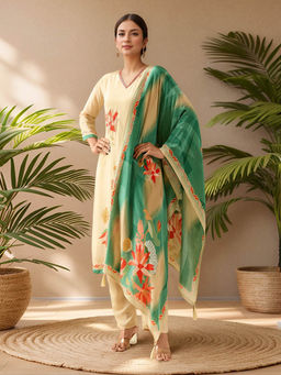 MEENA BAZAAR - Neck Embroidery Crepe Kurta with Pants and Dupatta