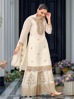 MEENA BAZAAR - Embroidery Art Silk Kurta with Sharara and Dupatta