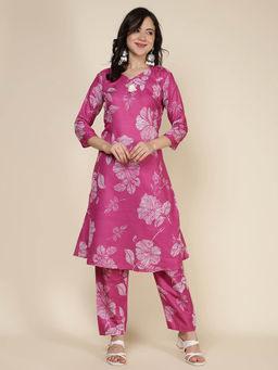 MEENA BAZAAR - Pink Floral Printed Cotton Blend Co-Ord Set