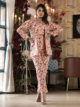 MEENA BAZAAR - Cream Floral Printed Cotton Blend Co-Ord Set