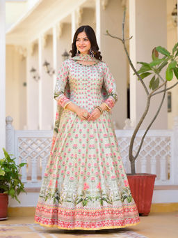 MEENA BAZAAR - Green Anarkali Kurta with Churidar and Dupatta