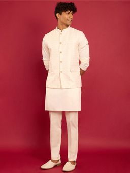 Vastramay - Cream Embroidered Mandarin Neck Jacket Kurta And Pant