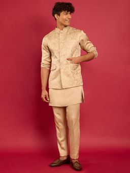 Vastramay - Beige Embroidered Mandarin Neck Jacket Kurta And Pyjama