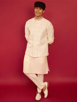 Vastramay - Cream Embroidered Mandarin Neck Jacket Kurta And Pant