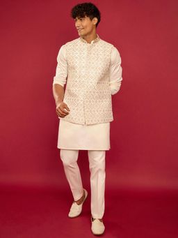 Vastramay - Cream Embroidered Mandarin Neck Jacket Kurta And Pant