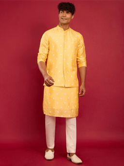 Vastramay - Yellow Embroidered Mandarin Neck Jacket Kurta And Pyjama