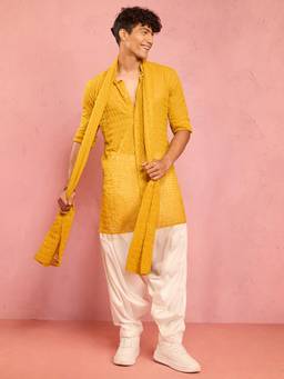 Vastramay - Mustard Embellished/Sequined Mandarin Neck Kurta Salwar And Dupatta