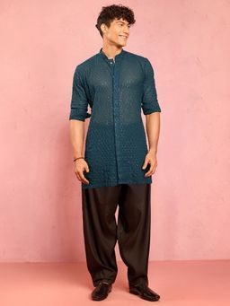 Vastramay - Teal Embellished/Sequined Mandarin Neck Kurta And Salwar