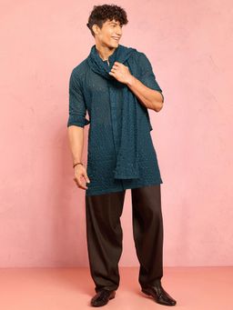 Vastramay - Teal Embellished/Sequined Mandarin Neck Kurta Salwar And Dupatta