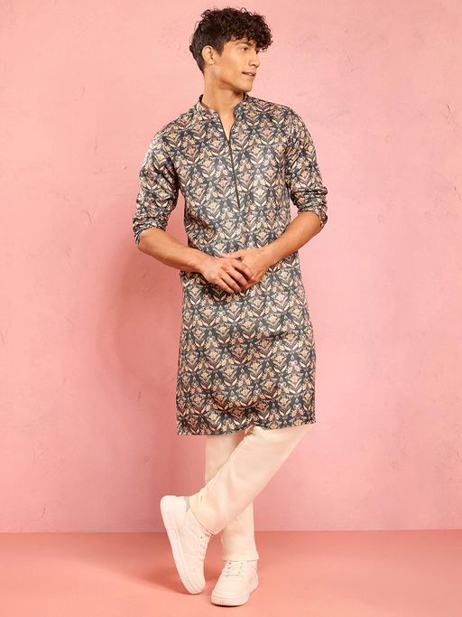 Vastramay Green Floral Mandarin Neck Kurta and Pant
