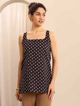 Libas - Black Floral Motif Printed Straight Short Kurti