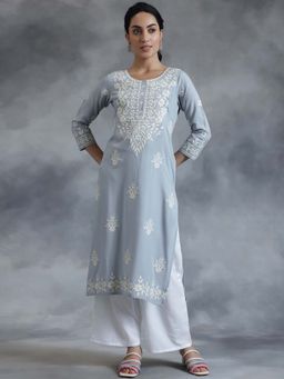 Libas - Stone Blue Floral Embroidered Straight Kurta