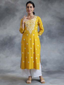 Libas - Mustard Floral Embroidered Straight Kurta