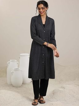 Libas - Black Solid Woven Design Straight Panelled Kurta