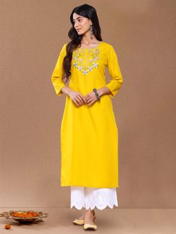 Varanga - Yellow Floral Yoke Embroidered Straight Kurta