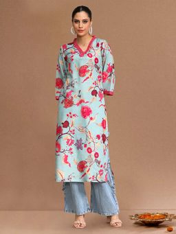 Varanga - Sea Green Floral Printed Straight Kurta