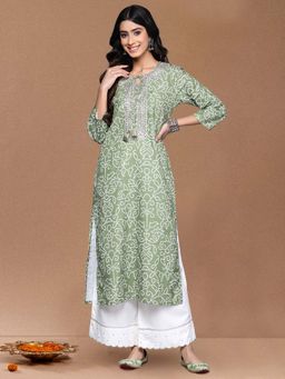 Varanga - Olive Bandhani Print Gota Yoke Embroidered Kurta