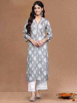Varanga - Grey V Neck Collared Kurta