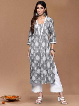 Varanga - Grey Printed V-Neck Lace Straight Kurta