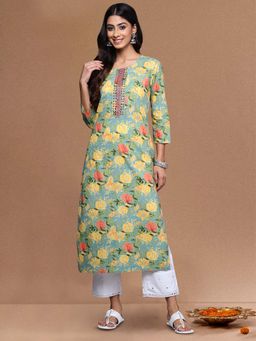 Varanga - Sea Green Floral Printed Straight Kurta