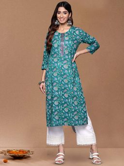 Varanga - Blue Floral Printed Straight Kurta
