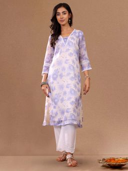 Varanga - Whit Floral Printed V- Neck Straight Kurta