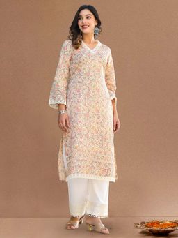 Varanga - Off White Floral Printed Straight Kurta