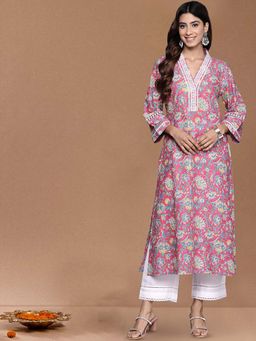 Varanga - Pink Floral Printed V- Neckline Lace Detailed Straight Kurta