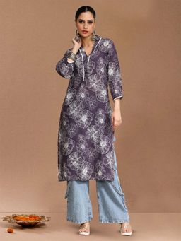 Varanga - V Neck Kurta with Lace Detailing and Big Floral Print