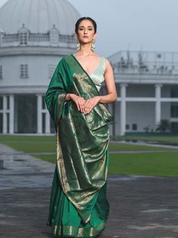 Beatitude - Green Shade Banarasi Silk Woven Saree with Unstitched Blouse