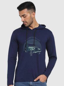 Bewakoof - Men's Blue Off Road Cotton Graphic Printed Hoodie T-shirt