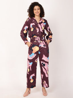 FFU - Women Purple Polyester Satin Shirt with Pant Co-Ord Set