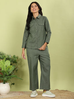 FFU - Women Green Polyviscose Shirt with Pant Co-Ord Set