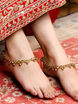 Anika's Creations - Gold Plated Kundan Anklets for Brides-Brown