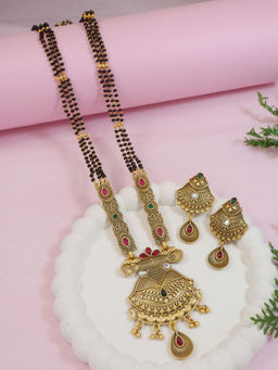 I Jewels - Traditional Studded Pendant Bead Chain Mangalsutra with Earrings