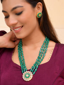Silvermerc Designs - Gold-Plated Green Beaded Floral Jewellery Set for Women
