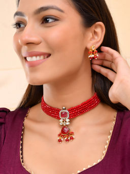 Silvermerc Designs - Gold-Plated Red Beaded Choker Necklace and Earrings