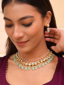 Silvermerc Designs - Gold-Plated Mint Green Kundan Beaded Necklace with Earrings
