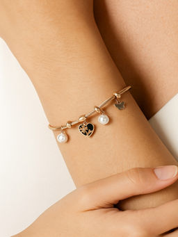 JEWELZ - Gold-Tone Charm Bracelet with Black Heart and Pearl Accents