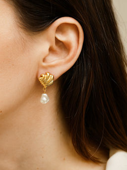 JEWELZ - Gold-Tone Shell Design Earrings with Dangling Pearl Drop
