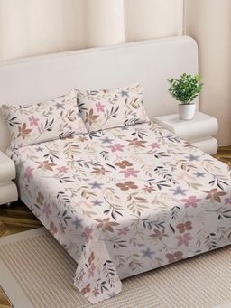 FABINALIV - Beige Floral 300 Tc King Size Double Bedsheet with 2 Pillow Covers