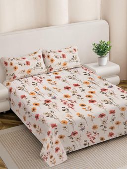 FABINALIV - Beige Floral 300 Tc King Size Double Bedsheet with 2 Pillow Covers