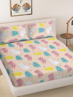 FABINALIV - Multicolour Cartoon Print 300 Tc King Size Double Bedsheet with 2 Pillow Covers