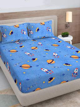 FABINALIV - Blue Cartoon Print 300 Tc King Size Double Bedsheet with 2 Pillow Covers